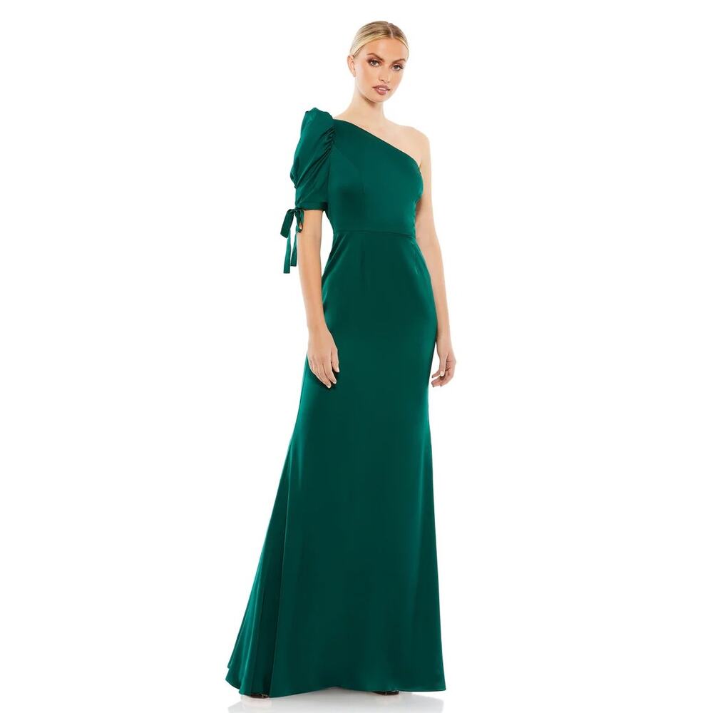 Mac Duggal 55632 Empress Green Satin One Shoulder Puff Sleeve Trumpet Gown 20